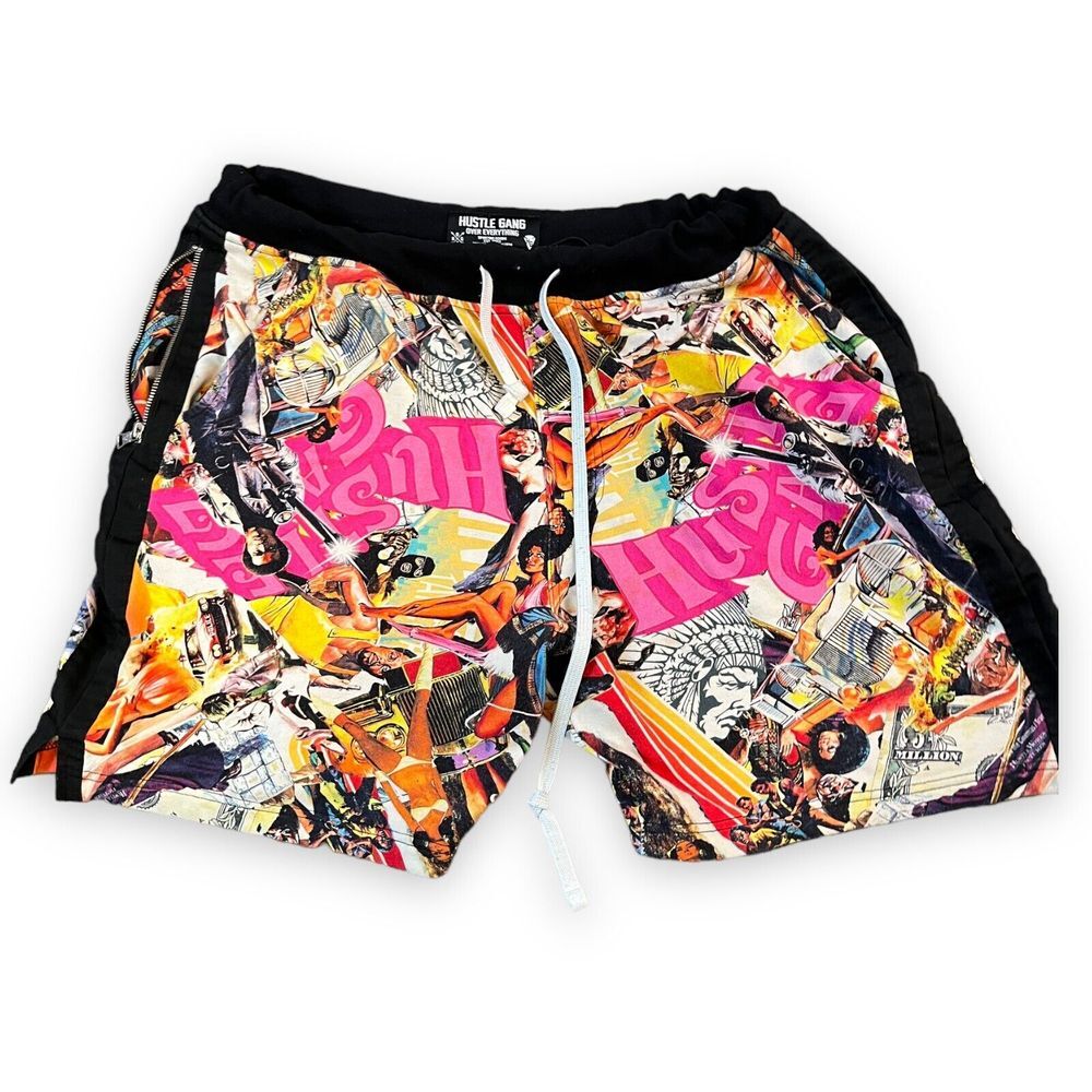 Hustle Gang Shorts Men's XL Black Orange‎ Graphic Print Foxy Brown Vibe